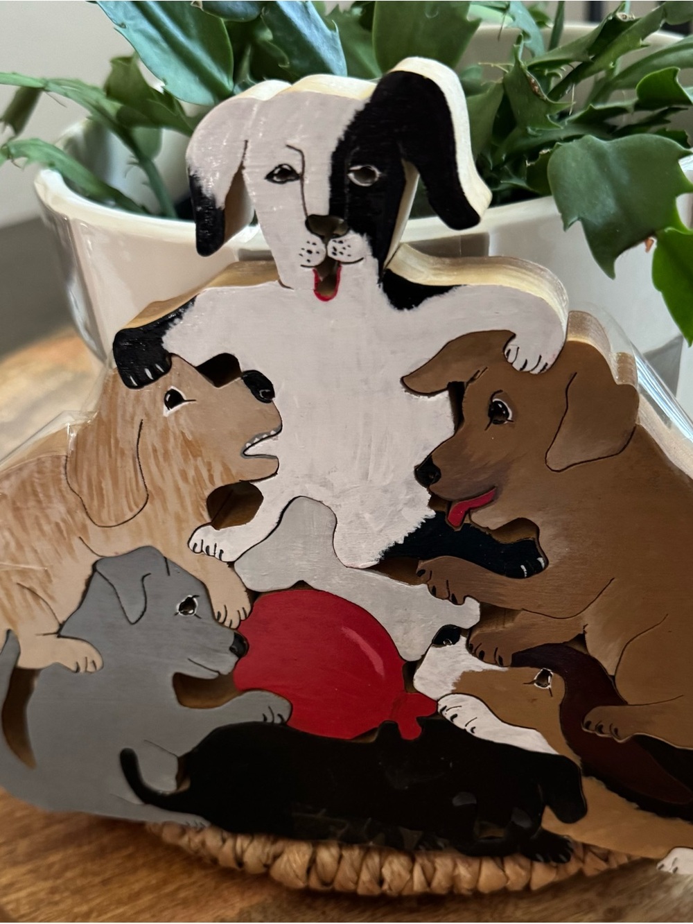 Hand-Painted Dog Family wood puzzle - White, Brown, Black